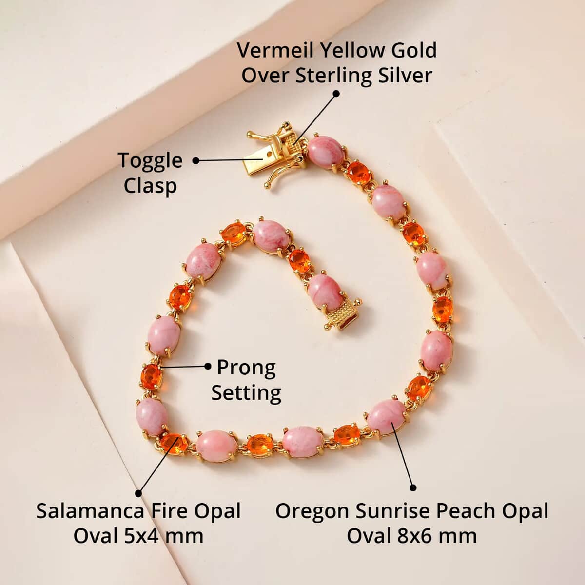 Premium Oregon Sunrise Peach Opal and Salamanca Fire Opal 15.40 ctw Bracelet in Vermeil Yellow Gold Over Sterling Silver (7.25 In) image number 4