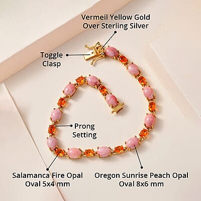 Premium Oregon Sunrise Peach Opal and Salamanca Fire Opal 15.40 ctw Bracelet in Vermeil Yellow Gold Over Sterling Silver (7.25 In)