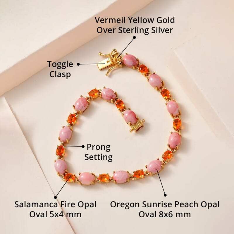 Premium Oregon Sunrise Peach Opal and Salamanca Fire Opal 15.40 ctw Bracelet in Vermeil Yellow Gold Over Sterling Silver (7.25 In)