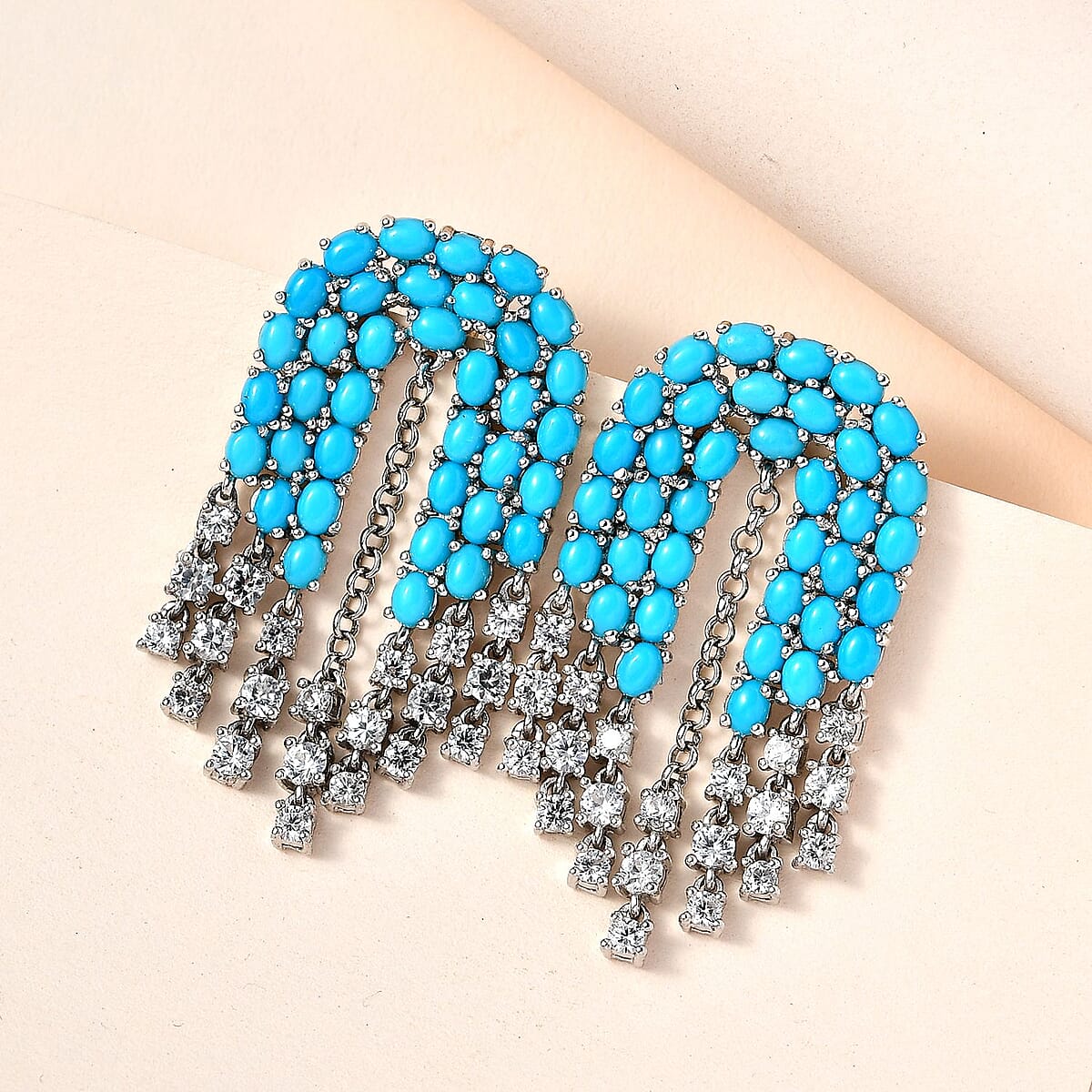 Sleeping Beauty Turquoise and White Zircon Chandelier Statement Earrings in Platinum Over Sterling Silver 17.35 ctw image number 1