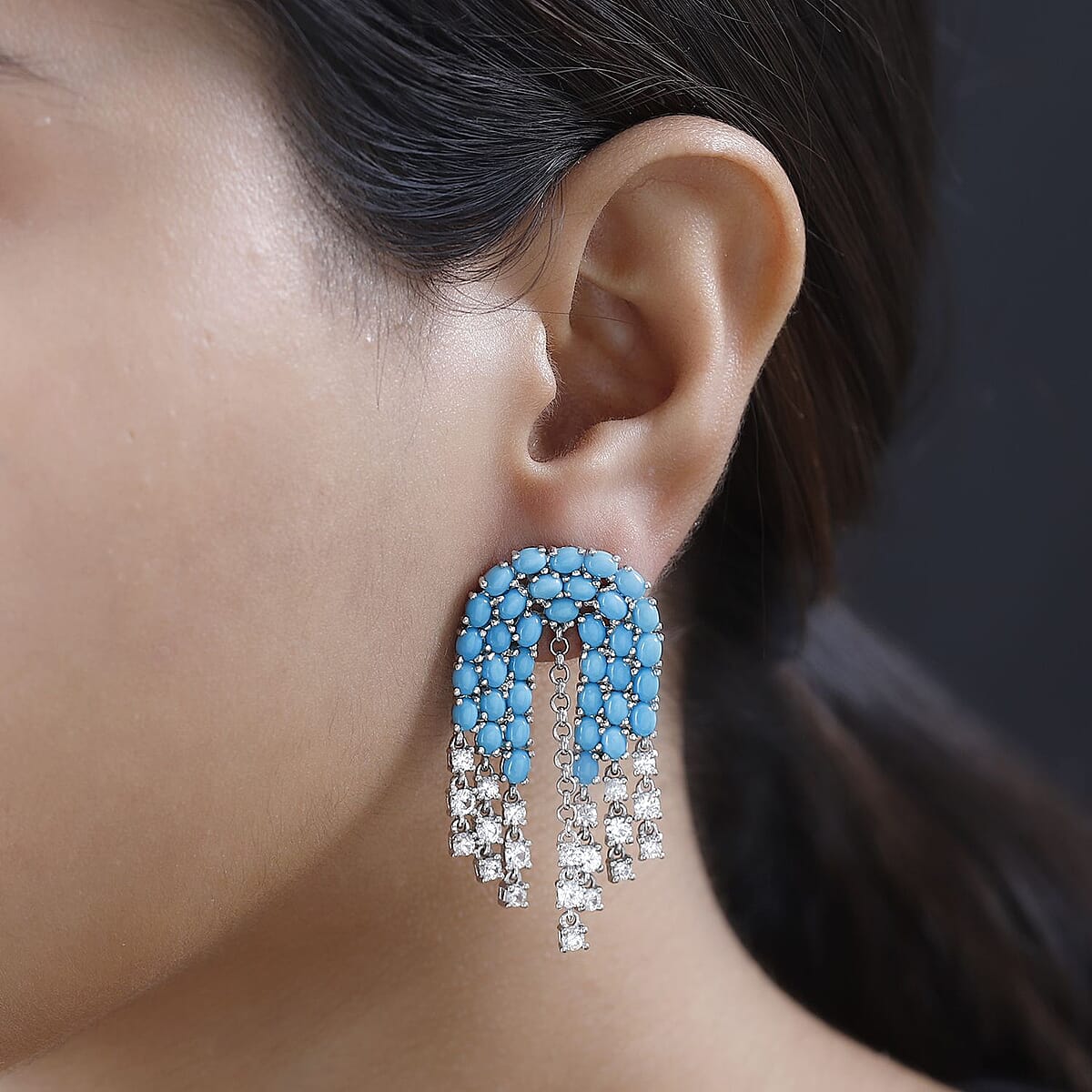 Sleeping Beauty Turquoise and White Zircon Chandelier Statement Earrings in Platinum Over Sterling Silver 17.35 ctw image number 2
