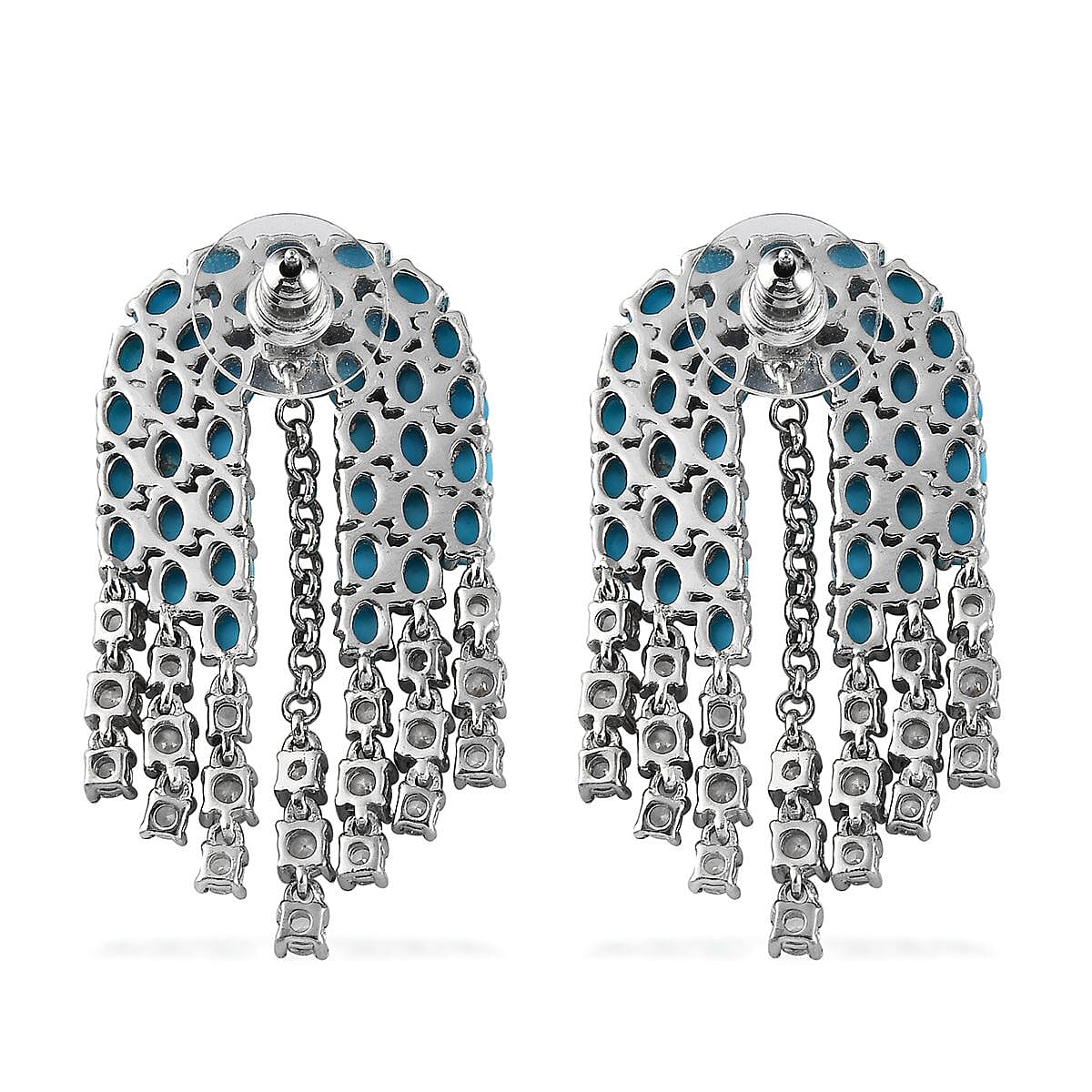 Sleeping Beauty Turquoise and White Zircon Chandelier Statement Earrings in Platinum Over Sterling Silver 17.35 ctw image number 3