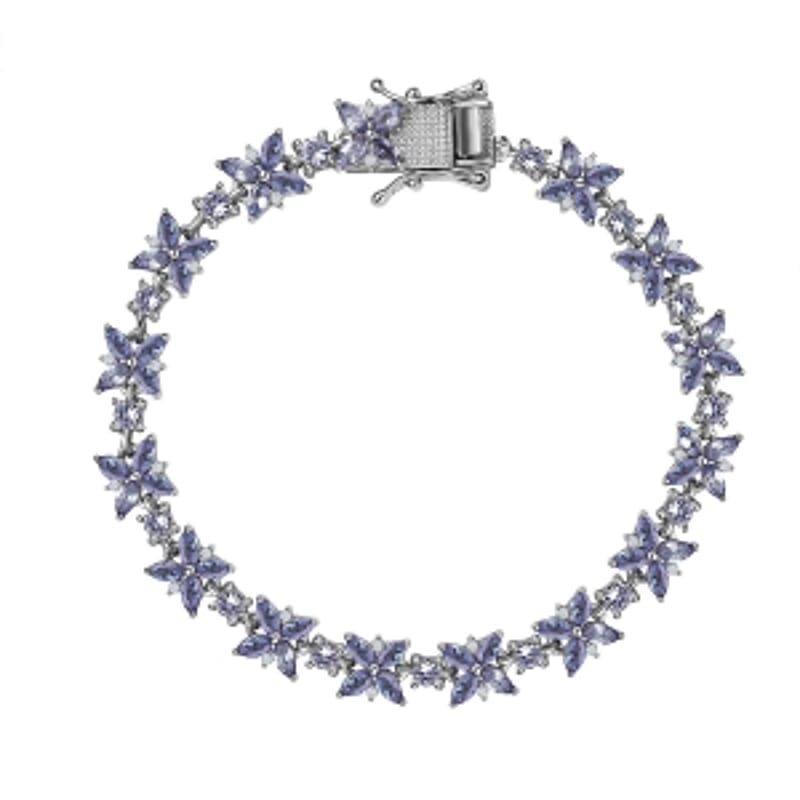 Tanzanite and White Zircon 10.20 ctw Cluster Bracelet in Rhodium Over Sterling Silver (7 In) (14.23 g)