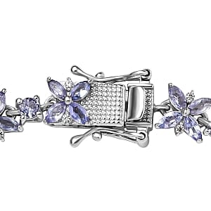 Tanzanite and White Zircon 10.20 ctw Cluster Bracelet in Rhodium Over Sterling Silver (7 In) (14.23 g)