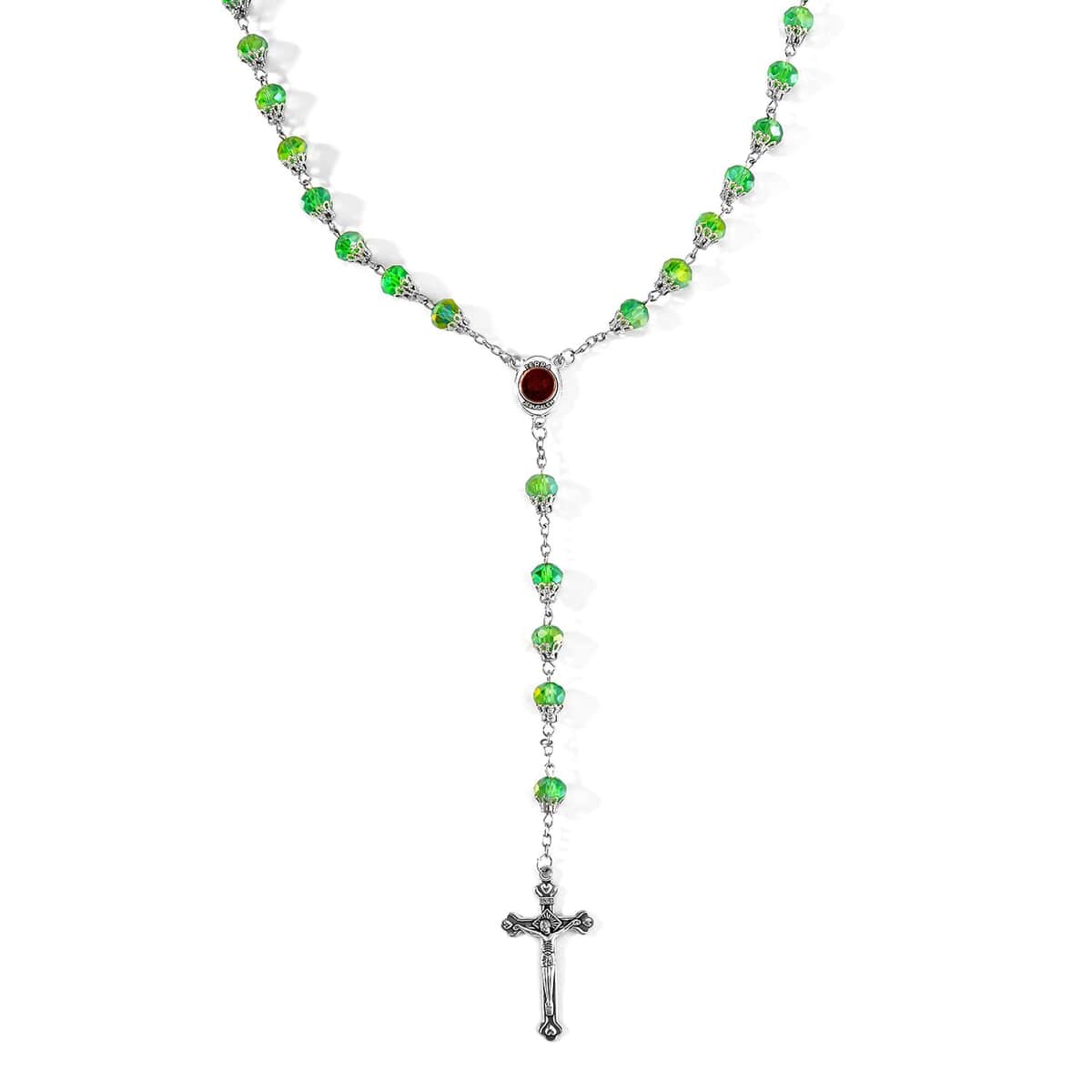 Doorbuster Green Magic Color Glass Cross Pendant Necklace (34 Inches) in Silvertone image number 0