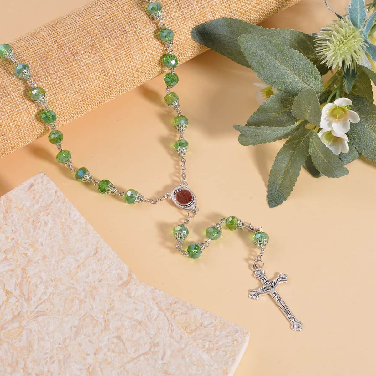 Doorbuster Green Magic Color Glass Cross Pendant Necklace (34 Inches) in Silvertone image number 1