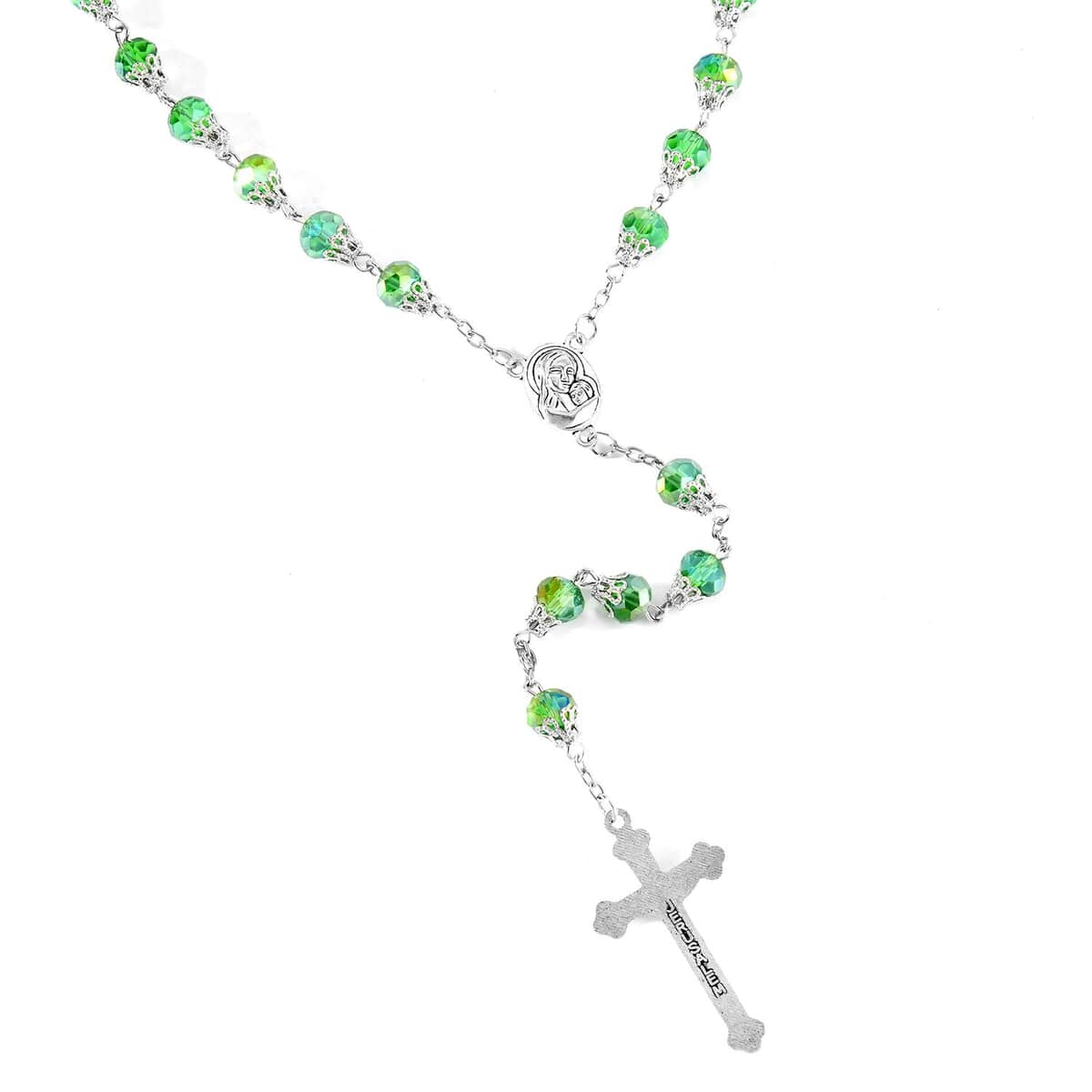 Doorbuster Green Magic Color Glass Cross Pendant Necklace (34 Inches) in Silvertone image number 2