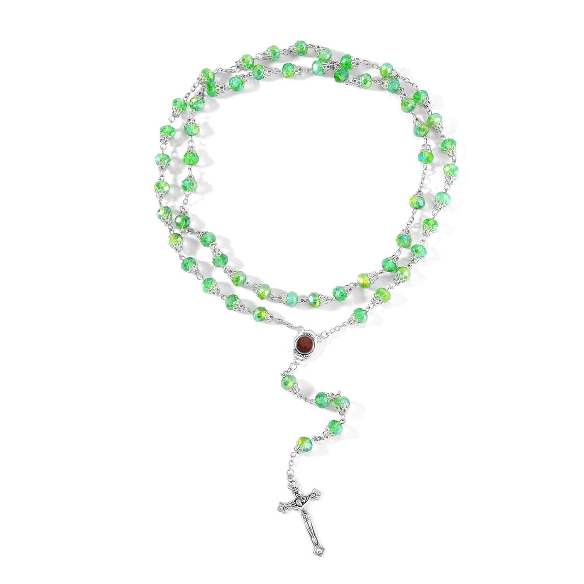 Doorbuster Green Magic Color Glass Cross Pendant Necklace (34 Inches) in Silvertone image number 3