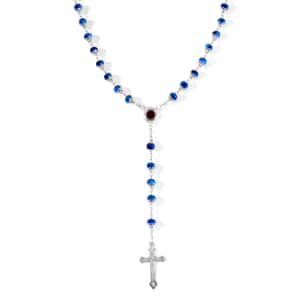 Blue Magic Color Glass Cross Pendant Necklace 34 Inches in Silvertone