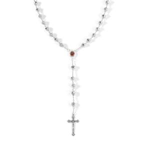 Silver Grey Color Glass Cross Pendant Necklace 34 Inches in Silvertone
