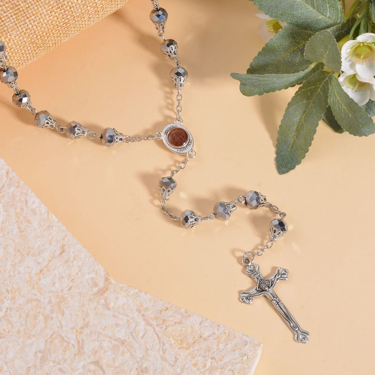 Silver Grey Color Glass Cross Pendant Necklace 34 Inches in Silvertone image number 1
