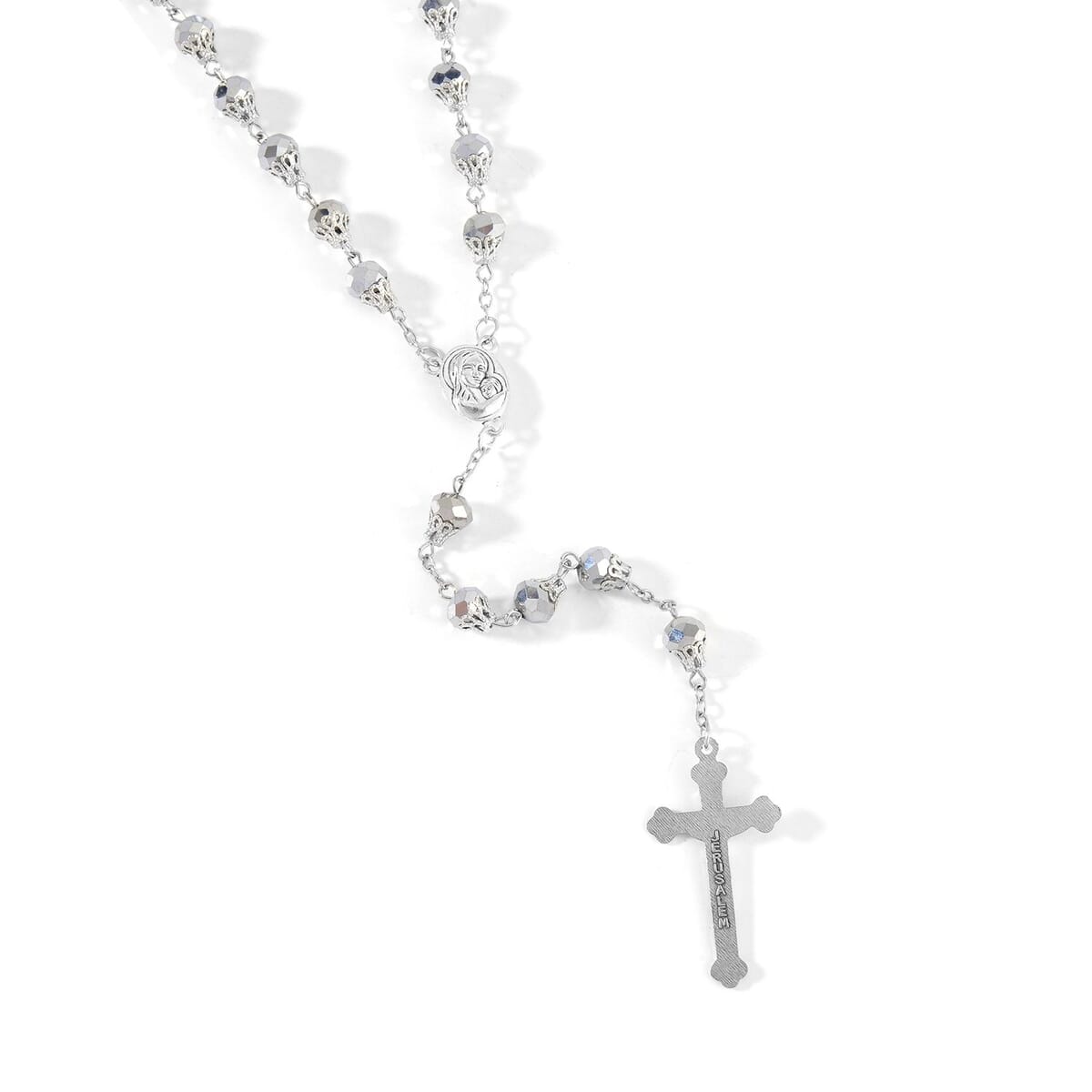 Silver Grey Color Glass Cross Pendant Necklace 34 Inches in Silvertone image number 2
