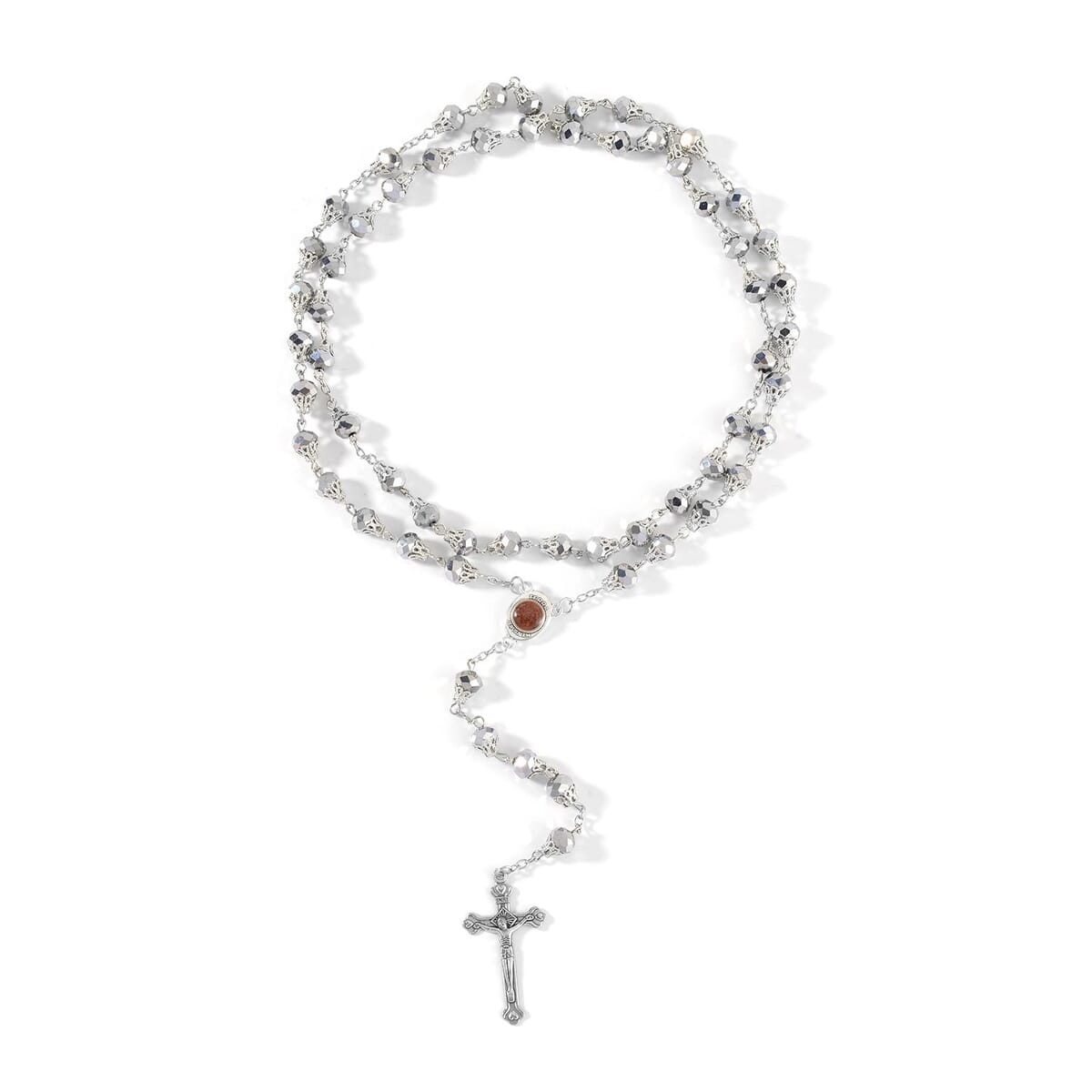 Silver Grey Color Glass Cross Pendant Necklace 34 Inches in Silvertone image number 3