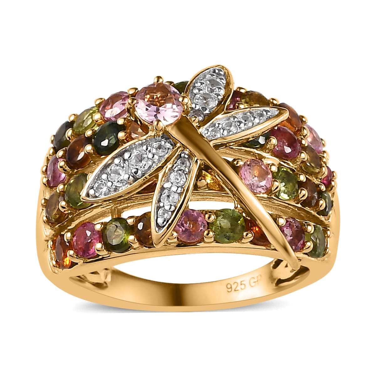 GP Trionfo Collection Premium Multi-Tourmaline and White Zircon Dragonfly Ring in Vermeil Yellow Gold Over Sterling Silver (Size 10.0) 3.20 ctw image number 0