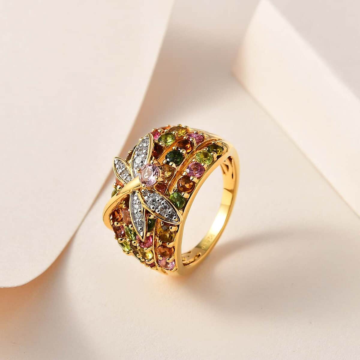 GP Trionfo Collection Premium Multi-Tourmaline and White Zircon Dragonfly Ring in Vermeil Yellow Gold Over Sterling Silver (Size 10.0) 3.20 ctw image number 1