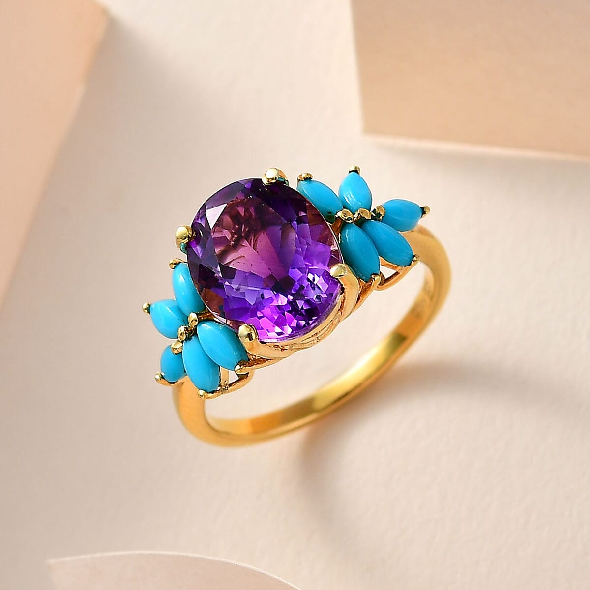 Premium Mashamba Amethyst and Sleeping Beauty Turquoise Ring in Vermeil Yellow Gold Over Sterling Silver (Size 10.0) 4.25 ctw image number 1