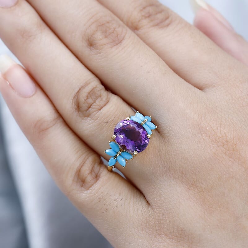 Premium Mashamba Amethyst and Sleeping Beauty Turquoise Ring in Vermeil Yellow Gold Over Sterling Silver (Size 10.0) 4.25 ctw
