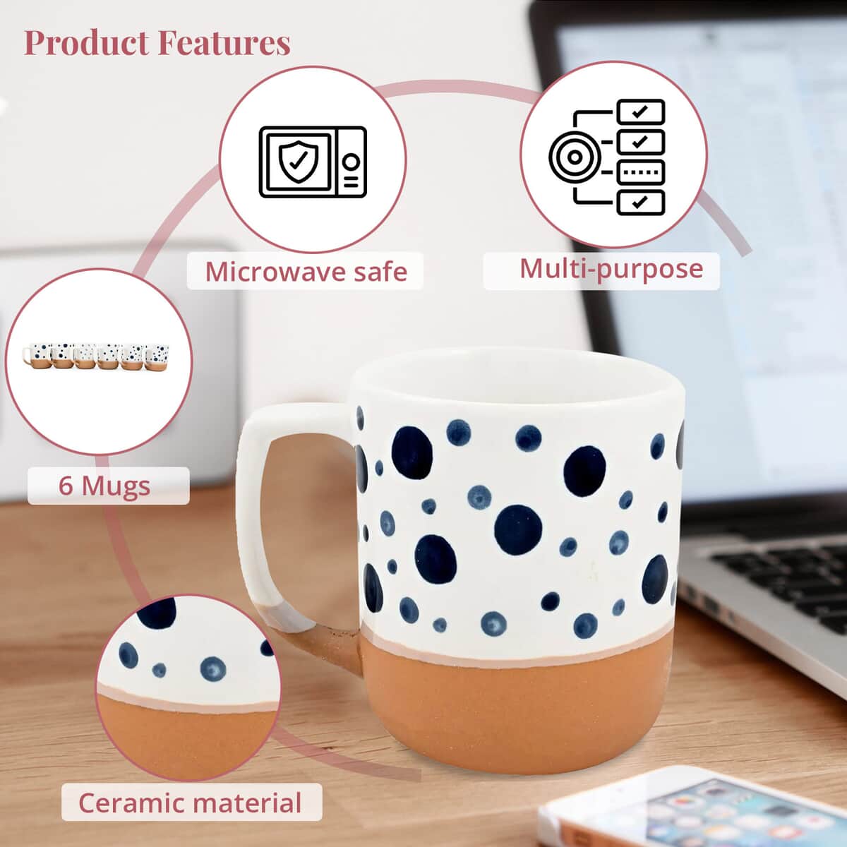 6pcs Blue Dots Ceramic Mug - Brown image number 2