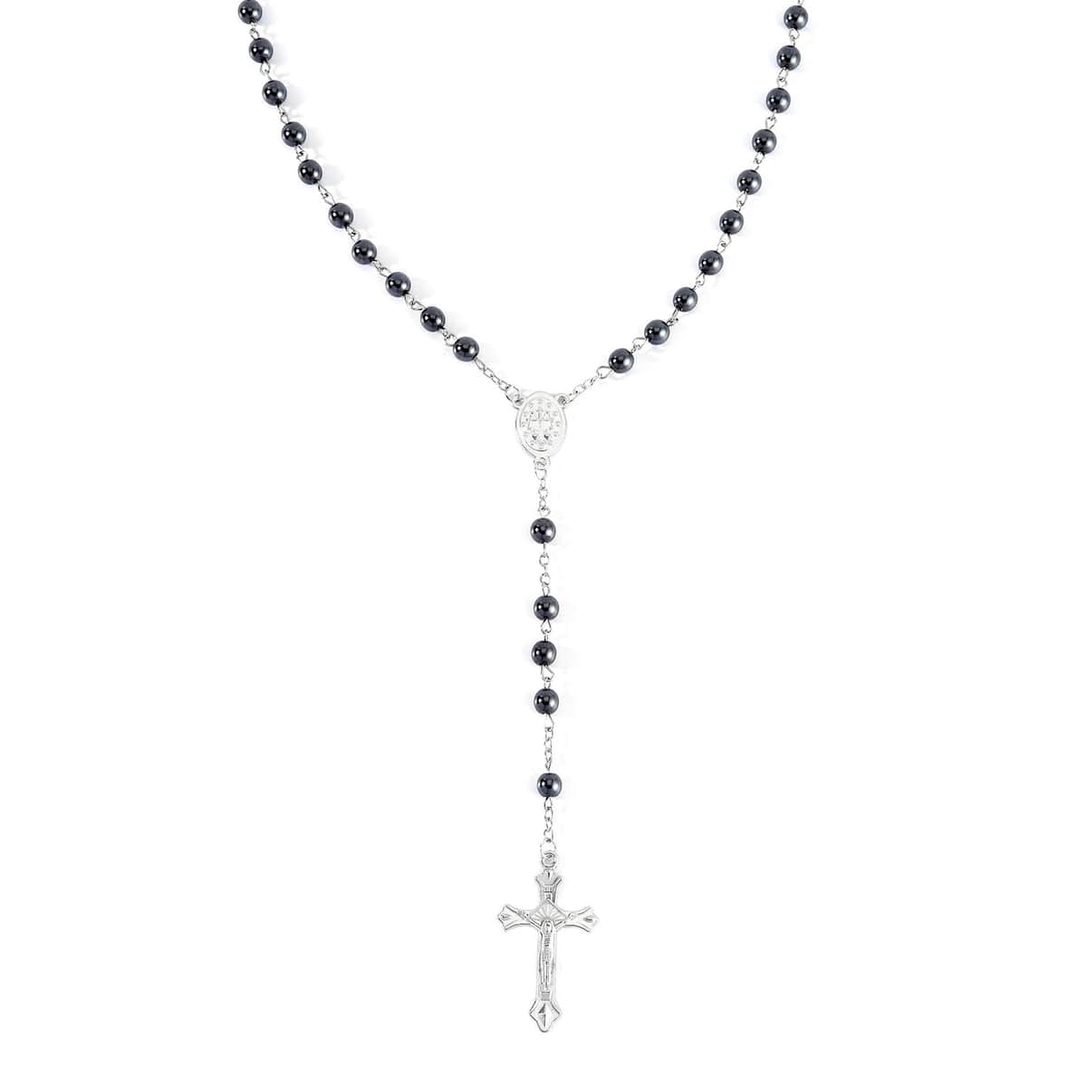 Black Hematite Cross Pendant with Beaded Necklace 26 Inches in Silvertone 180.00 ctw image number 0