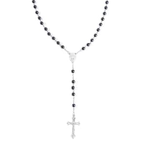 Black Hematite Cross Pendant with Beaded Necklace 26 Inches in Silvertone 180.00 ctw