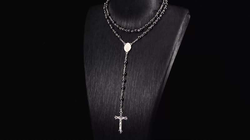 Black Hematite Cross Pendant with Beaded Necklace 26 Inches in Silvertone 180.00 ctw