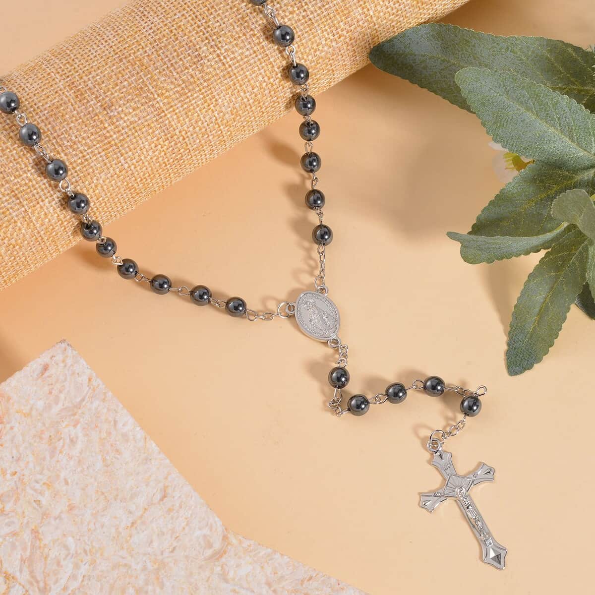Black Hematite Cross Pendant with Beaded Necklace 26 Inches in Silvertone 180.00 ctw image number 1