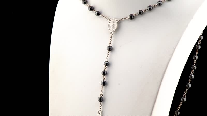 Black Hematite Cross Pendant with Beaded Necklace 26 Inches in Silvertone 180.00 ctw