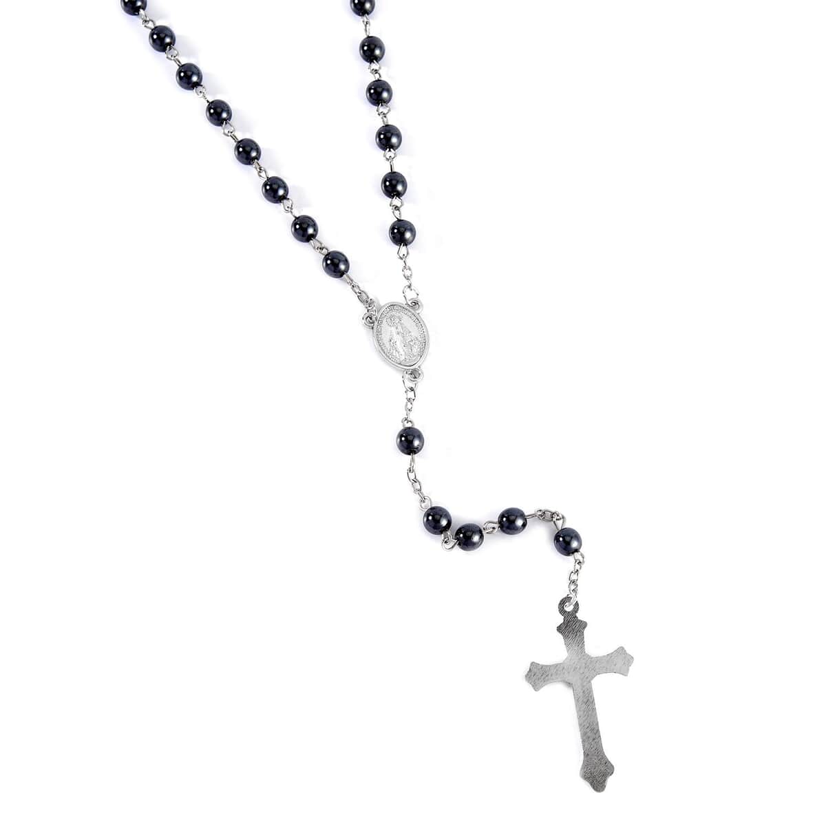 Black Hematite Cross Pendant with Beaded Necklace 26 Inches in Silvertone 180.00 ctw image number 2