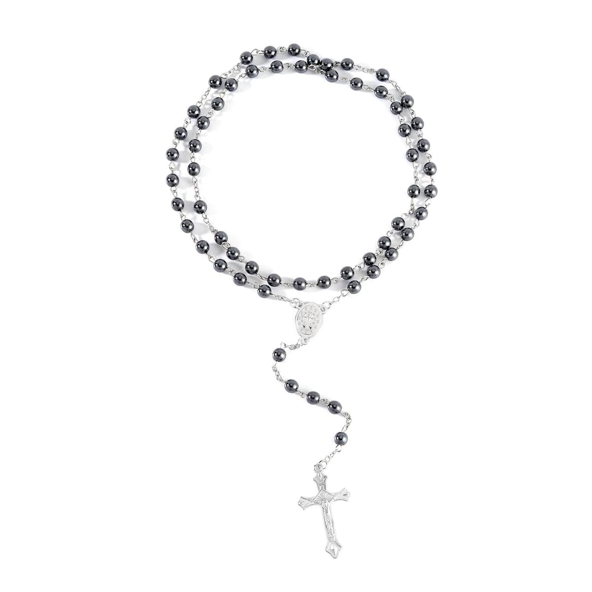 Black Hematite Cross Pendant with Beaded Necklace 26 Inches in Silvertone 180.00 ctw image number 3