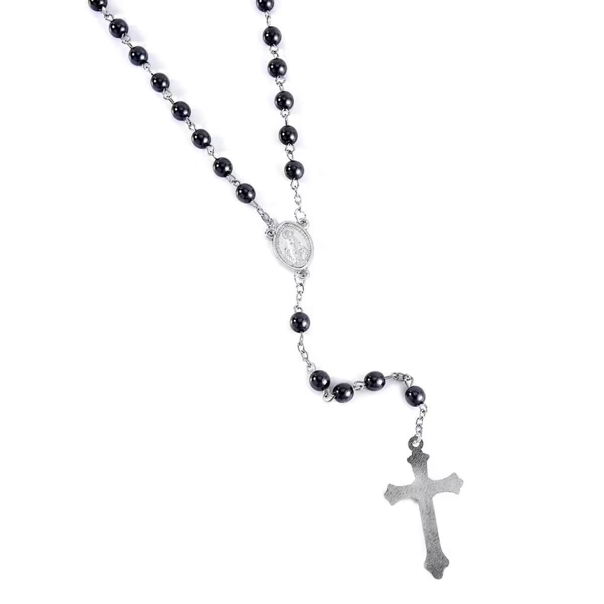 Doorbuster Black Hematite Cross Pendant with Beaded Necklace 26 Inches in Silvertone 180.00 ctw image number 8