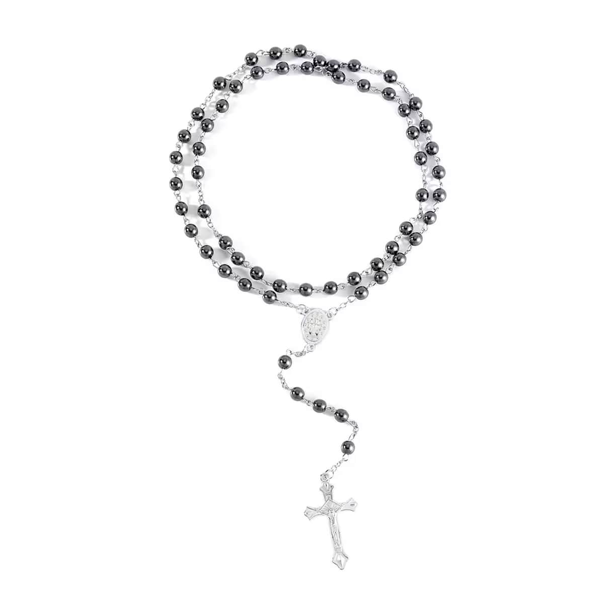 Doorbuster Black Hematite Cross Pendant with Beaded Necklace 26 Inches in Silvertone 180.00 ctw image number 9