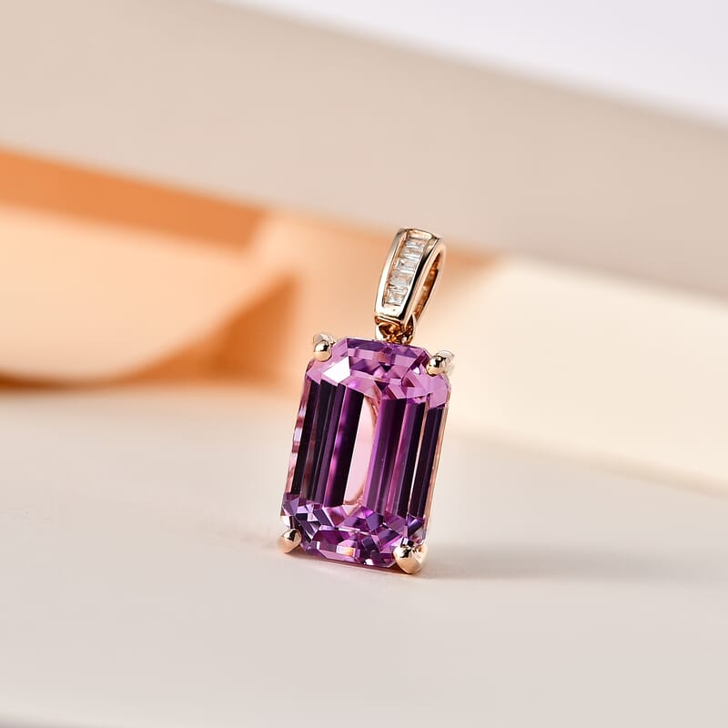 Luxoro 14K Rose Gold AAA Patroke Kunzite and G-H I3 Diamond Pendant 9.85 ctw
