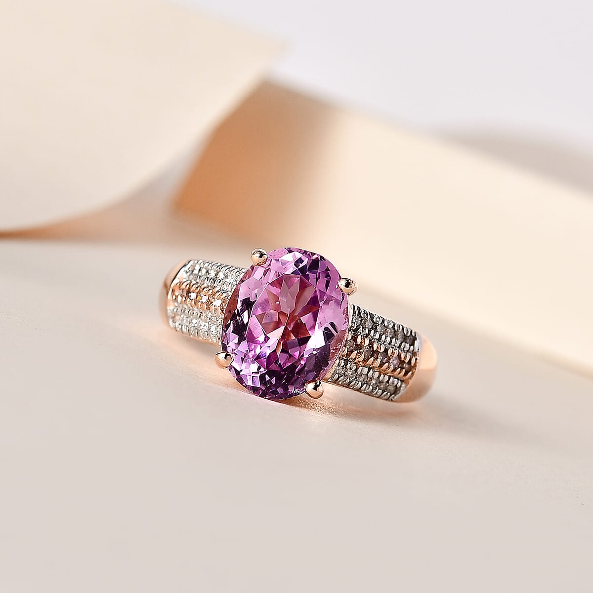 AAA Patroke Kunzite, Natural Pink and White Diamond Ring in Vermeil Rose Gold Over Sterling Silver 3.85 ctw image number 1