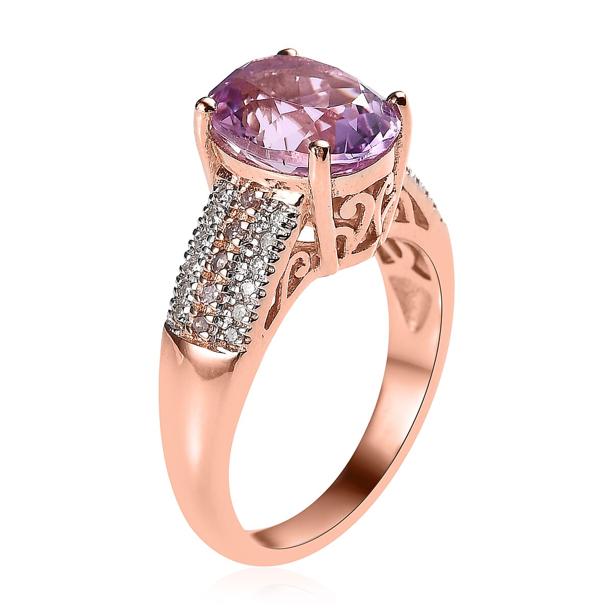 AAA Patroke Kunzite, Natural Pink and White Diamond Ring in Vermeil Rose Gold Over Sterling Silver 3.85 ctw image number 3