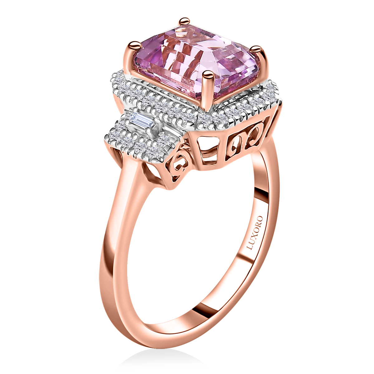 Luxoro 10K Rose Gold AAA Patroke Kunzite and G-H I3 Diamond Halo Ring (Size 7.0) 3.35 ctw image number 3
