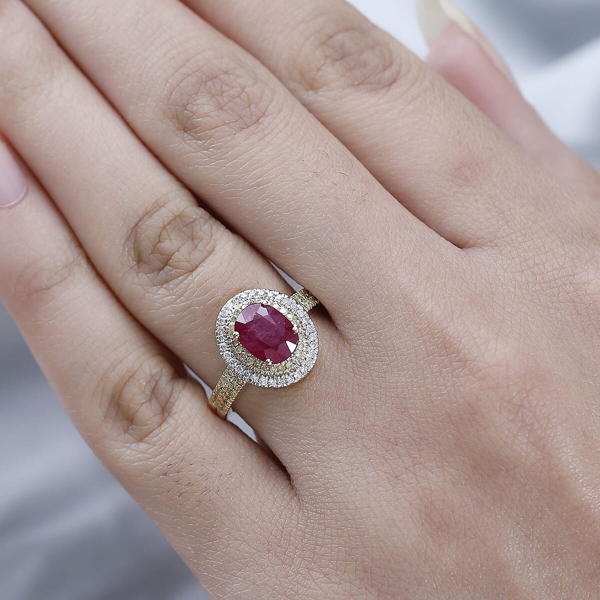 Luxoro 14K Yellow Gold AAA Montepuez Ruby, I2-I3 Natural Yellow and White Diamond Double Halo Ring (Size 10.0) 1.90 ctw image number 2