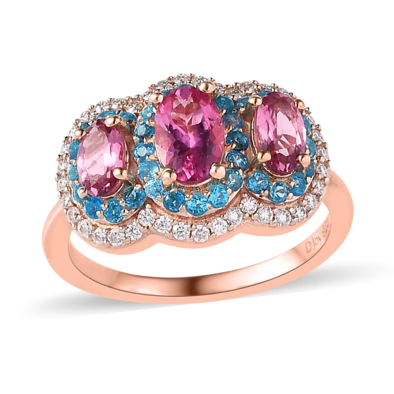 Premium Natural Calabar Pink Tourmaline and Multi Gemstone Triple Halo Ring in Vermeil Rose Gold Over Sterling Silver (Size 10.0) 1.40 ctw