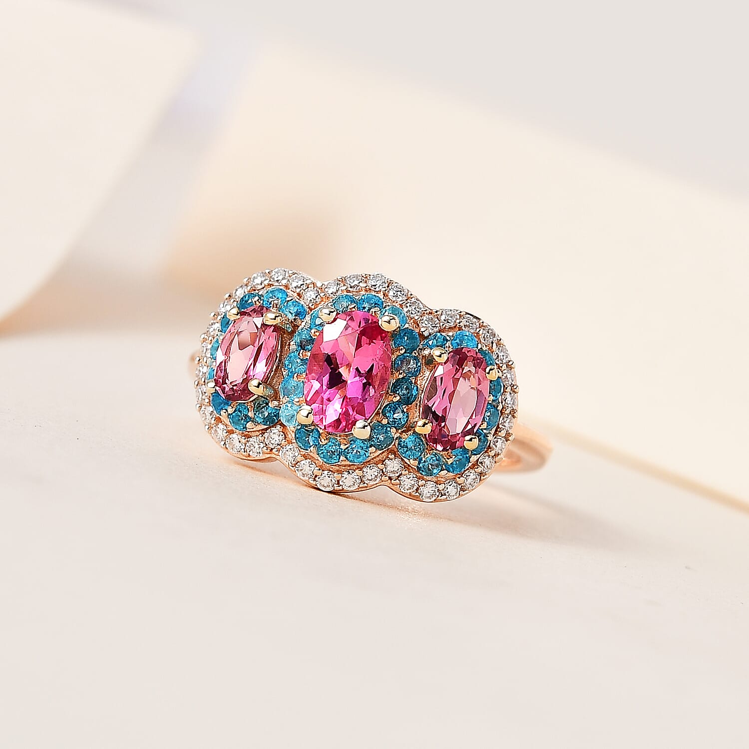 Premium Natural Calabar Pink Tourmaline and Multi Gemstone Triple Halo Ring in Vermeil Rose Gold Over Sterling Silver (Size 10.0) 1.40 ctw
