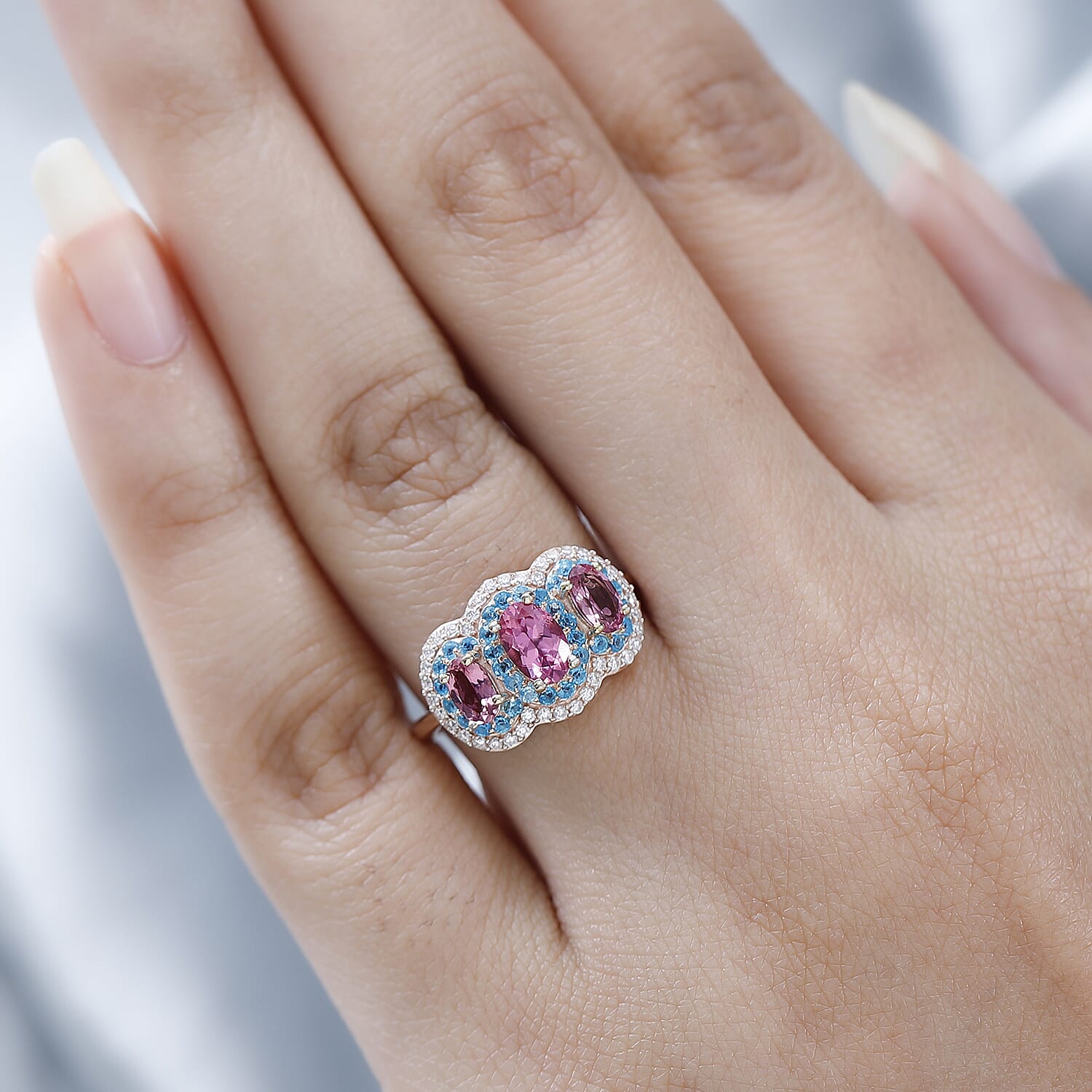 Premium Natural Calabar Pink Tourmaline and Multi Gemstone Triple Halo Ring in Vermeil Rose Gold Over Sterling Silver (Size 10.0) 1.40 ctw
