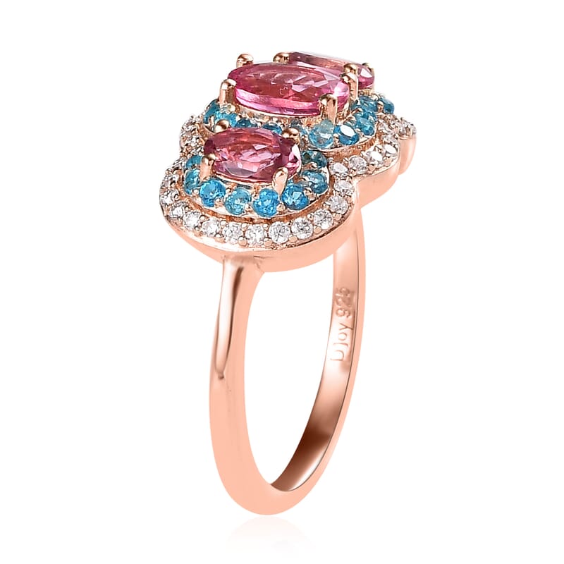 Premium Natural Calabar Pink Tourmaline and Multi Gemstone Triple Halo Ring in Vermeil Rose Gold Over Sterling Silver (Size 10.0) 1.40 ctw