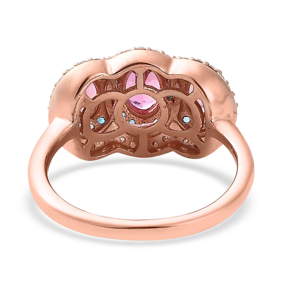 Premium Natural Calabar Pink Tourmaline and Multi Gemstone Triple Halo Ring in Vermeil Rose Gold Over Sterling Silver (Size 10.0) 1.40 ctw