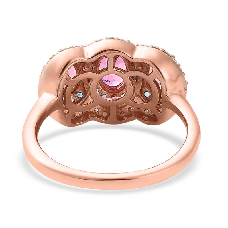 Premium Natural Calabar Pink Tourmaline and Multi Gemstone Triple Halo Ring in Vermeil Rose Gold Over Sterling Silver (Size 10.0) 1.40 ctw