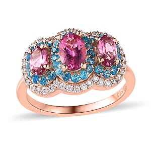 Premium Natural Calabar Pink Tourmaline and Multi Gemstone Triple Halo Ring in Vermeil Rose Gold Over Sterling Silver (Size 6.0) 1.40 ctw