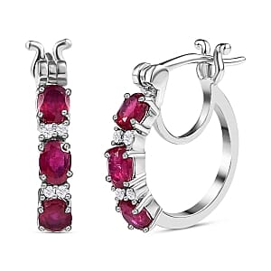 Niassa Ruby (FF) and White Zircon Full Hoop 1.64 ctw Earrings in Platinum Over Sterling Silver