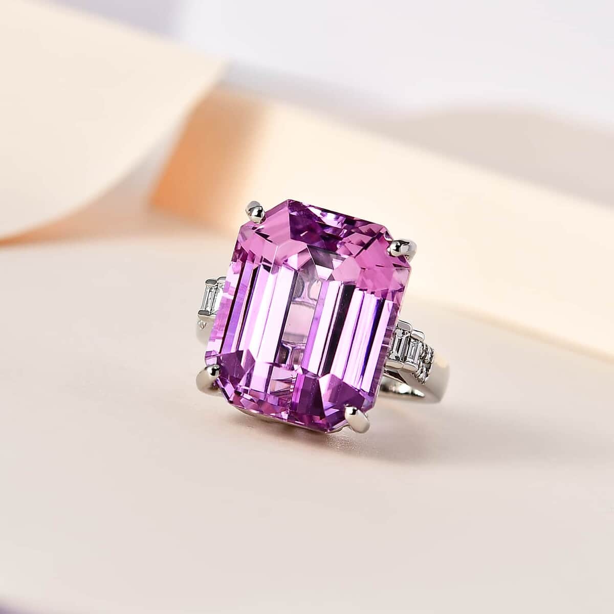 Certificate and Appraised Rhapsody 950 Platinum AAAA Patroke Kunzite and E-F VS2 Diamond Ring (Size 7.0) 10.30 Grams 24.50 ctw image number 1