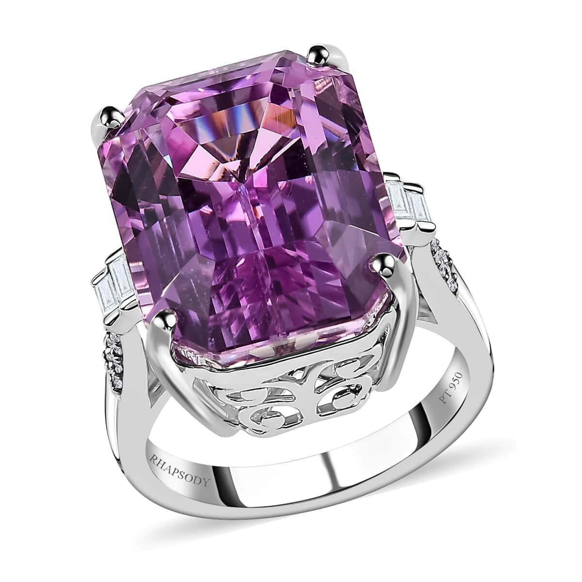 Certificate and Appraised Rhapsody 950 Platinum AAAA Patroke Kunzite and E-F VS2 Diamond Ring (Size 8.0) 10.30 Grams 24.50 ctw image number 0