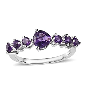 Premium Mashamba Amethyst Heart 7 Stone Ring in Platinum Over Sterling Silver (Size 5.0) 1.35 ctw