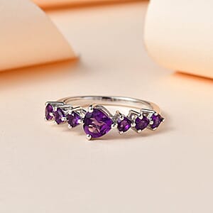 Premium Mashamba Amethyst Heart 7 Stone Ring in Platinum Over Sterling Silver (Size 5.0) 1.35 ctw