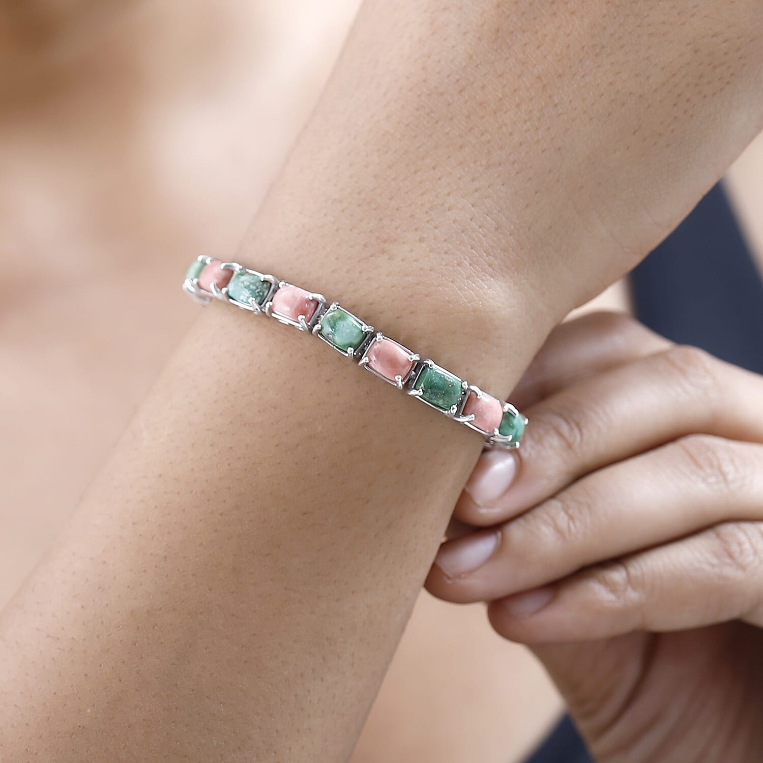 Premium Oregon Sunrise Peach Opal and Sonoran Gold Turquoise Tennis Bracelet in Platinum Over Sterling Silver (6.50 In) 16.80 ctw