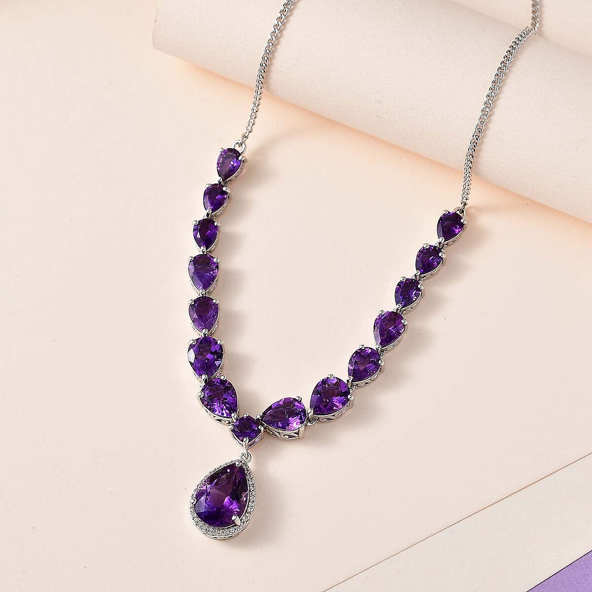 Premium Mashamba Amethyst and White Zircon Necklace 18-20 Inches in Platinum Over Sterling Silver 19.35 ctw image number 1